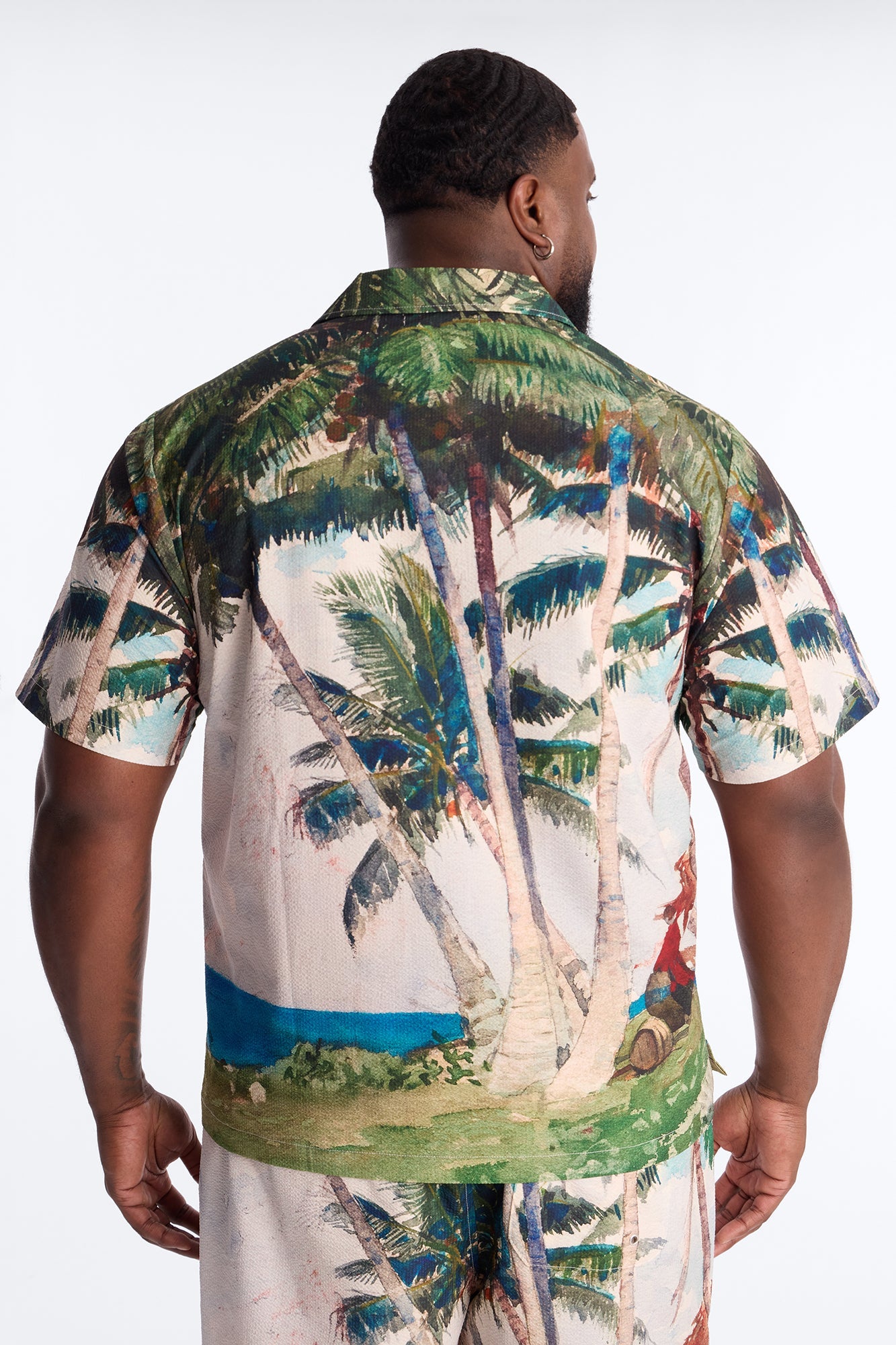 Tropical Get Away Printed Seersucker Cuban Collar Button Up Shirt - Multi Color