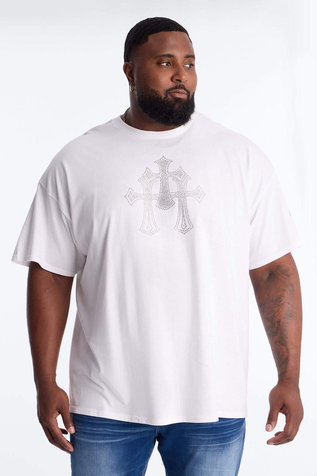 Three Crosses Rhinestones Oversized Short Sleeve Tee - White
