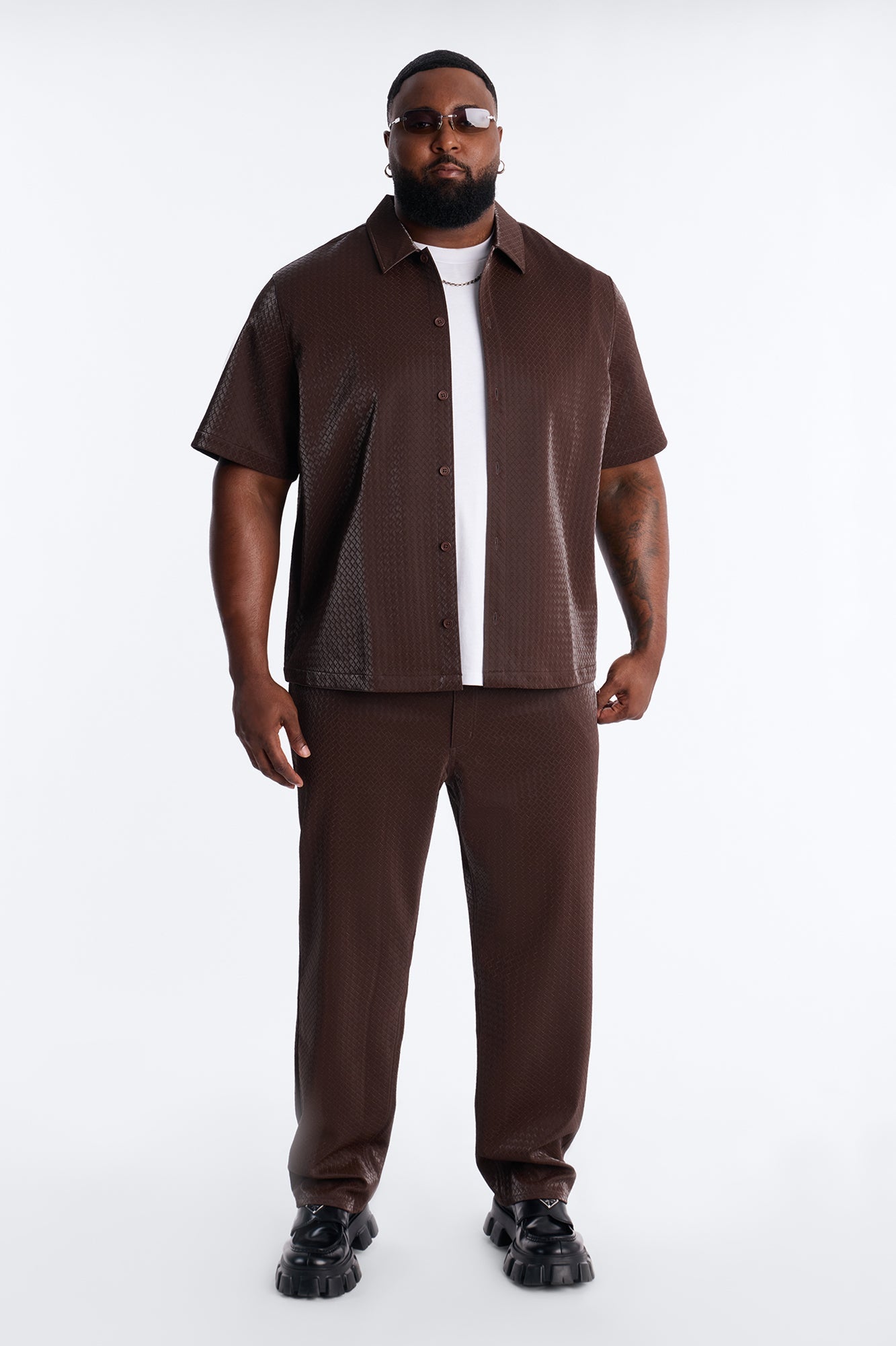 Tisse Textured Faux Leather Button Up Shirt - Brown