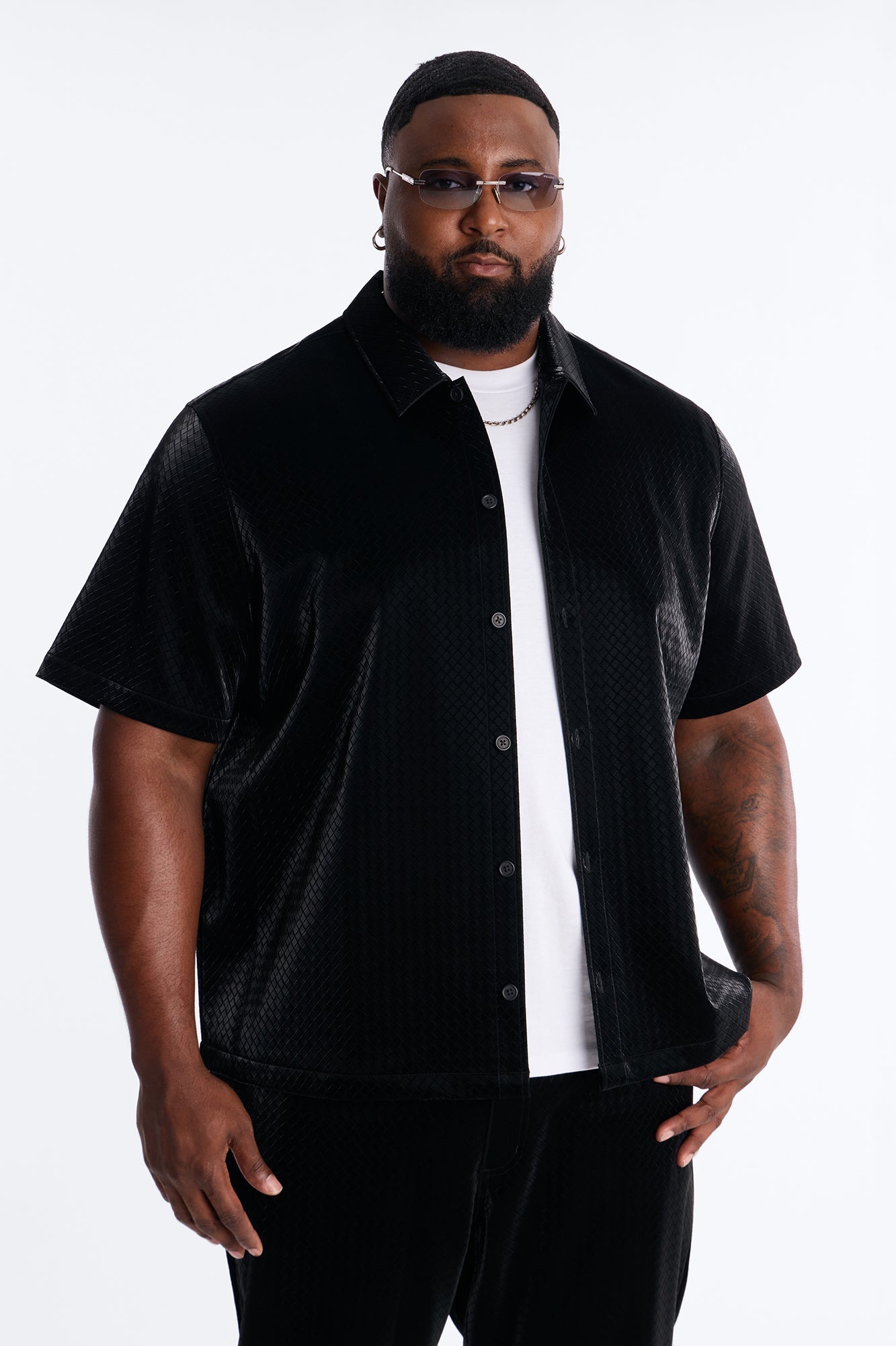 Tisse Textured Faux Leather Button Up Shirt - Black