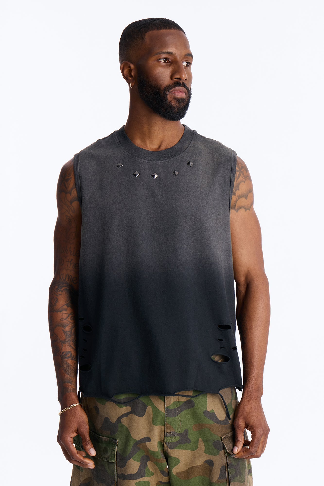 Washed Embellished Muscle Tee - Black