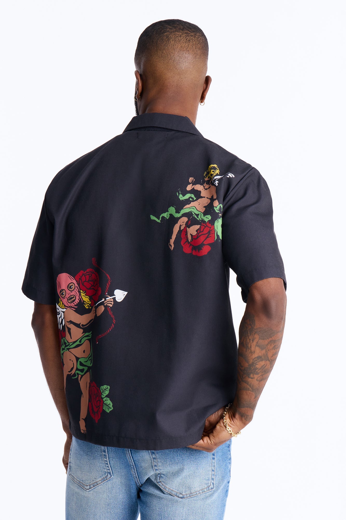 Rose Angel Street Cuban Collar Shirt - Black