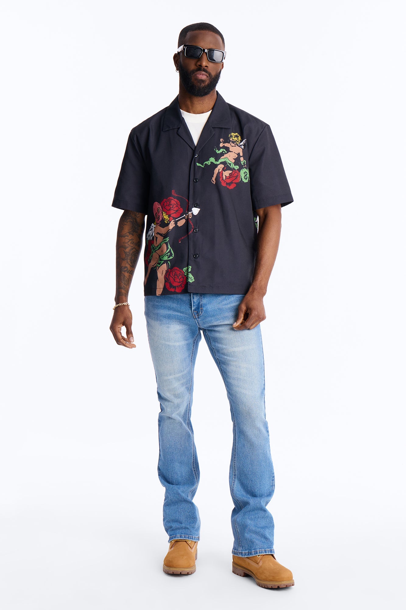 Rose Angel Street Cuban Collar Shirt - Black