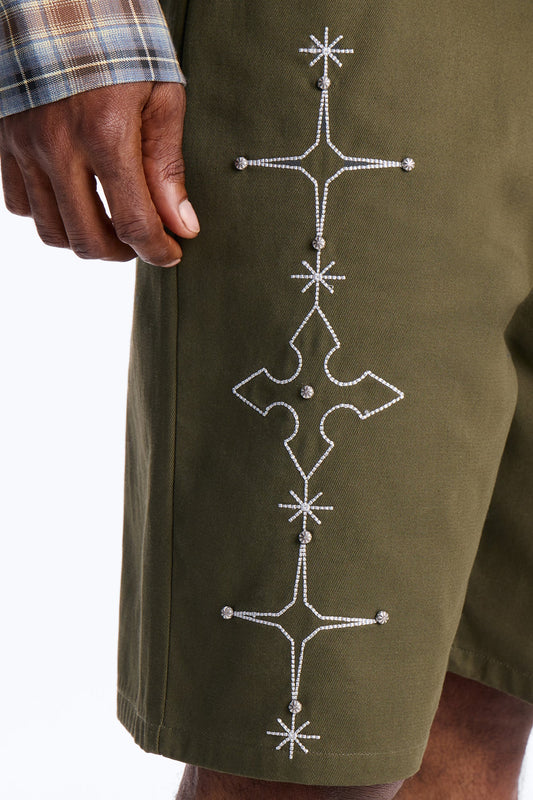 Relaxed Vatican City Stitched Embellished Short - Olive