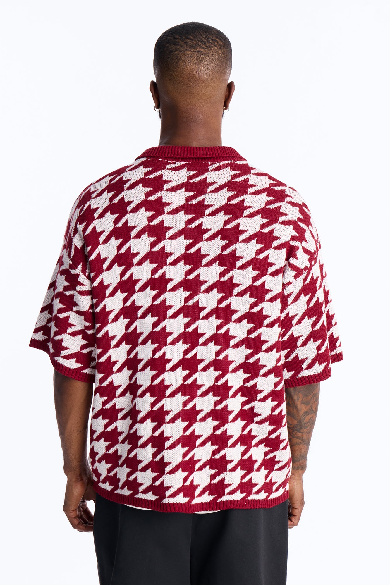 Houndstooth Short Sleeve Knitted Polo - Burgundy
