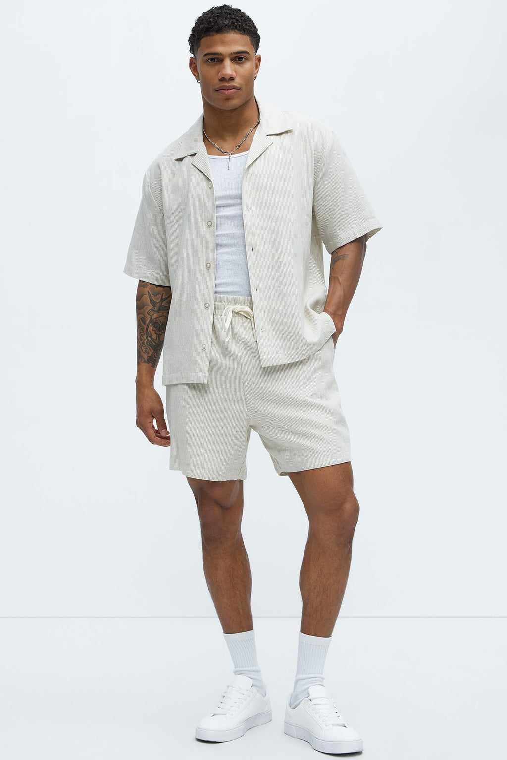 Twill Stripe Slim Button Up - Taupe