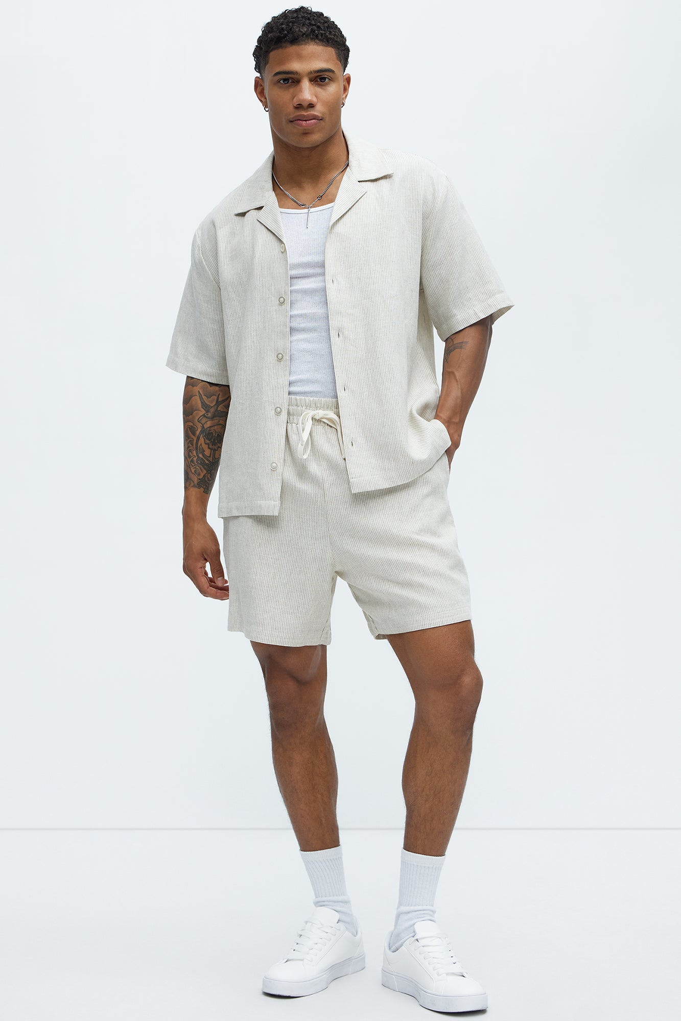 Twill Stripe Slim Button Up - Taupe