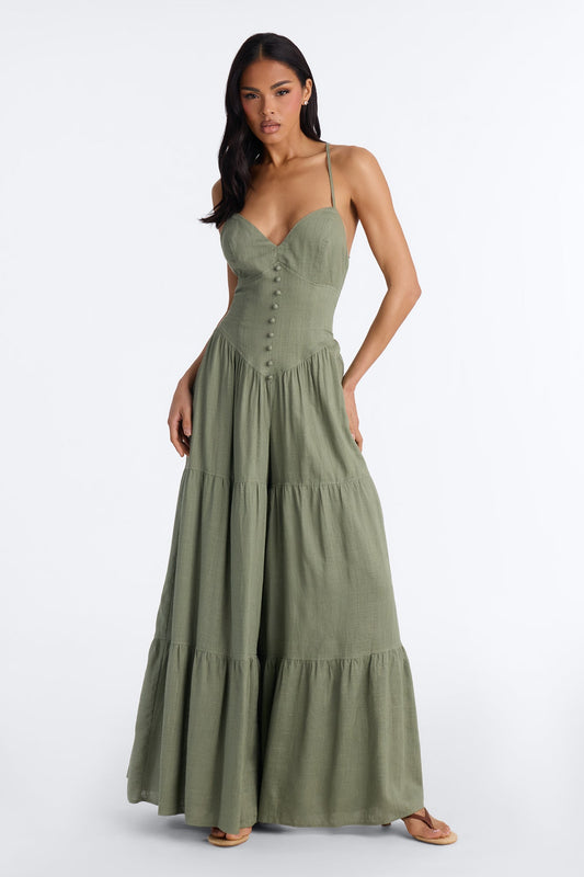 Belle Denim Tiered Wide Leg Jumpsuit - Olive