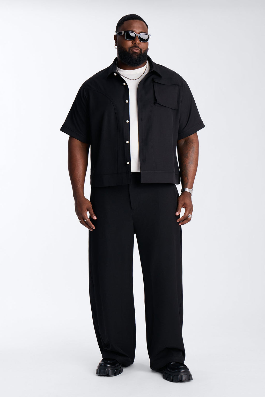 Baggy Side Pleated Panel Trouser - Black