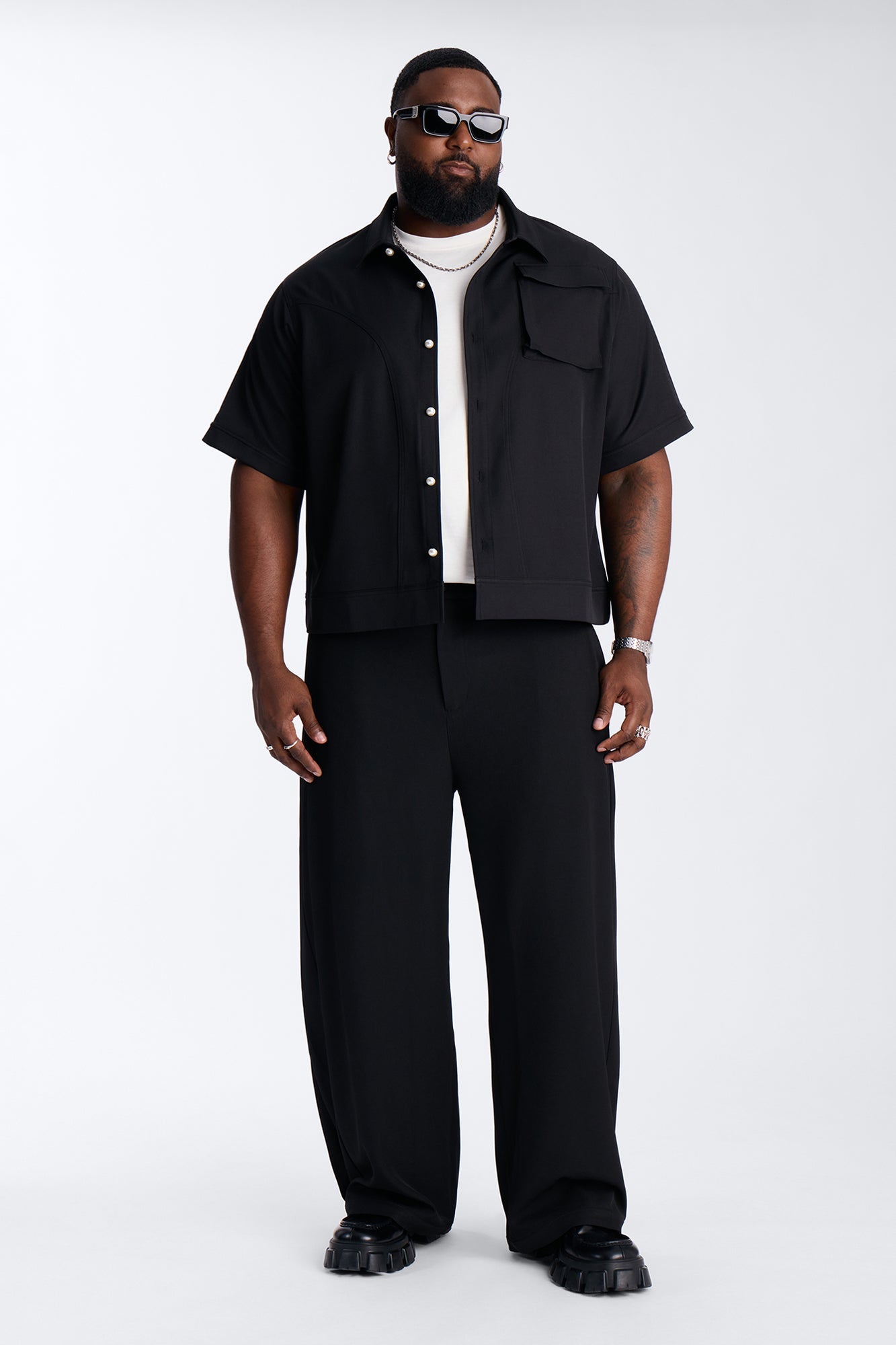 Baggy Side Pleated Panel Trouser - Black