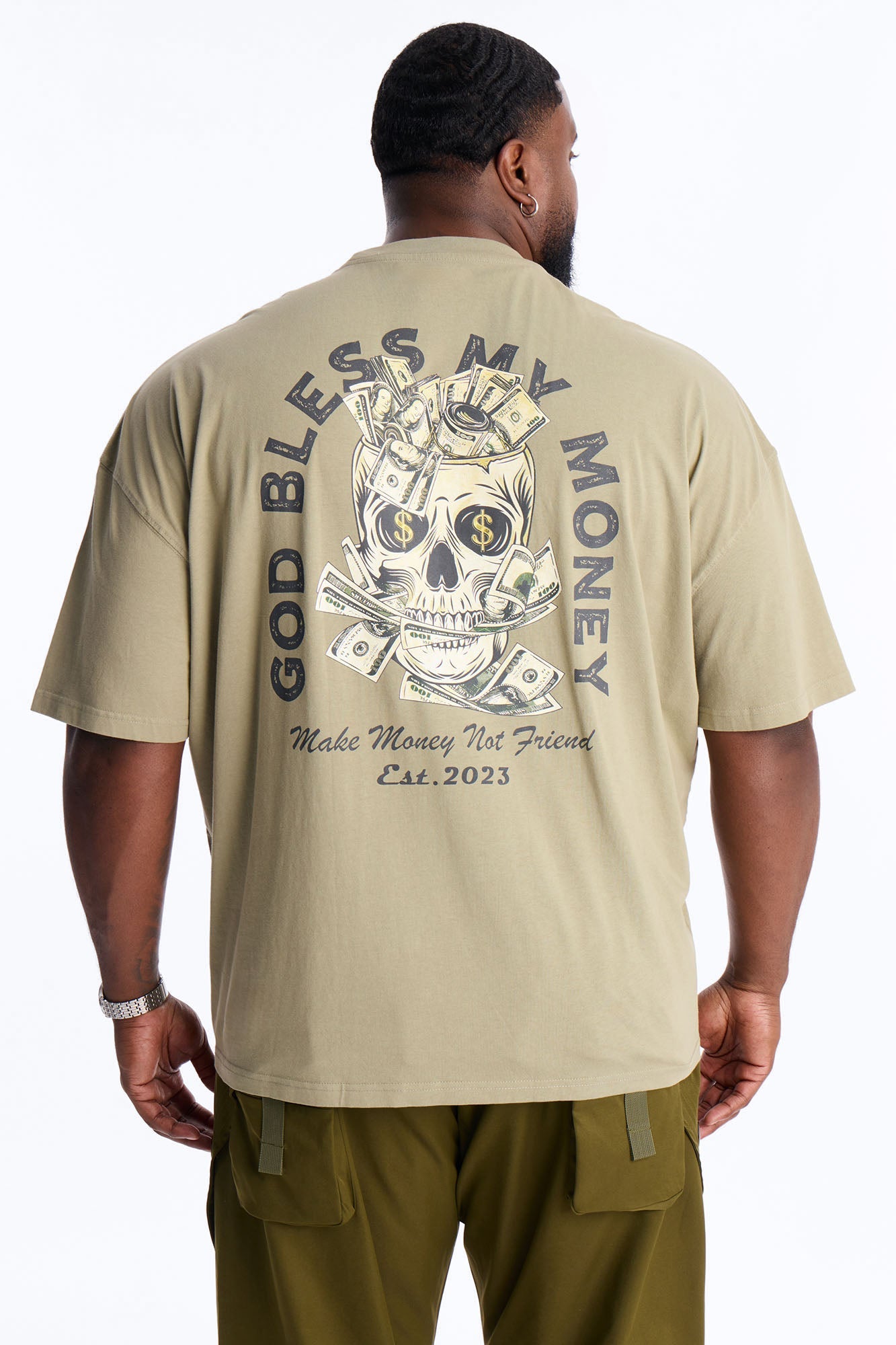 God Bless My Money Oversized Short Sleeve Tee - Olive