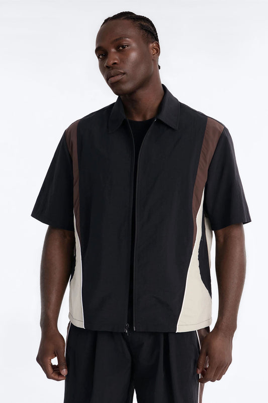 Relaxed Osaka Block Zip Up Shirt - Black/Brown