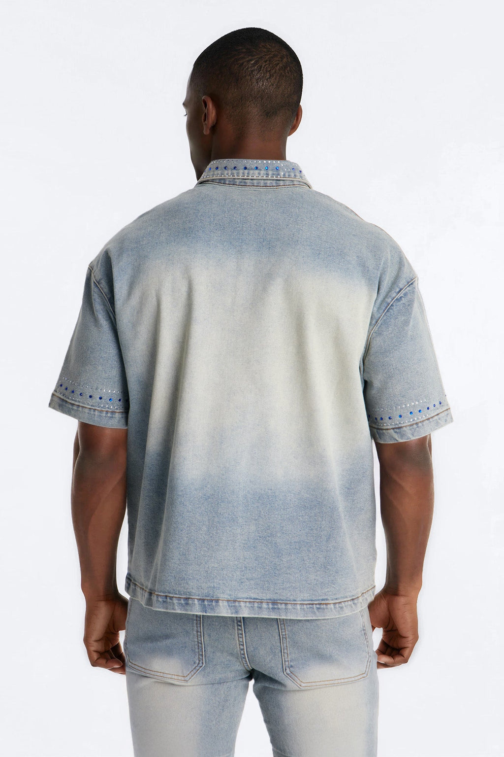 Rhinestone Bandana Boxy Denim Button Up Shirt - Light Blue Wash