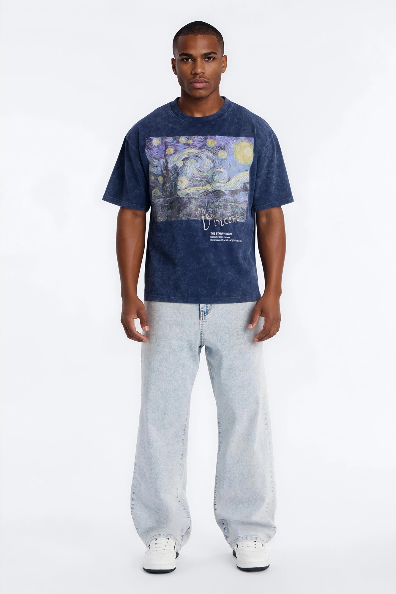 Vincent Van Gogh Starry Night Embroidered Mineral Wash Fleece Tee - Navy