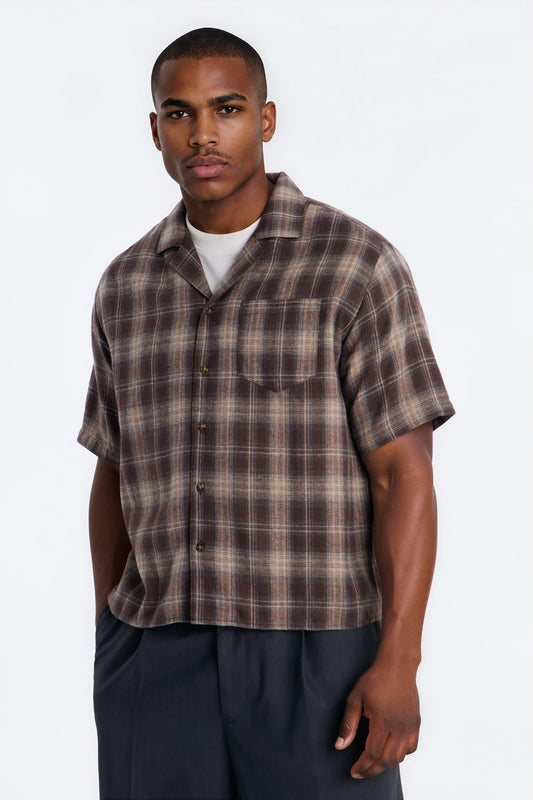 Your Weekend Plaid Cuban Collar Button Up Shirt - Brown