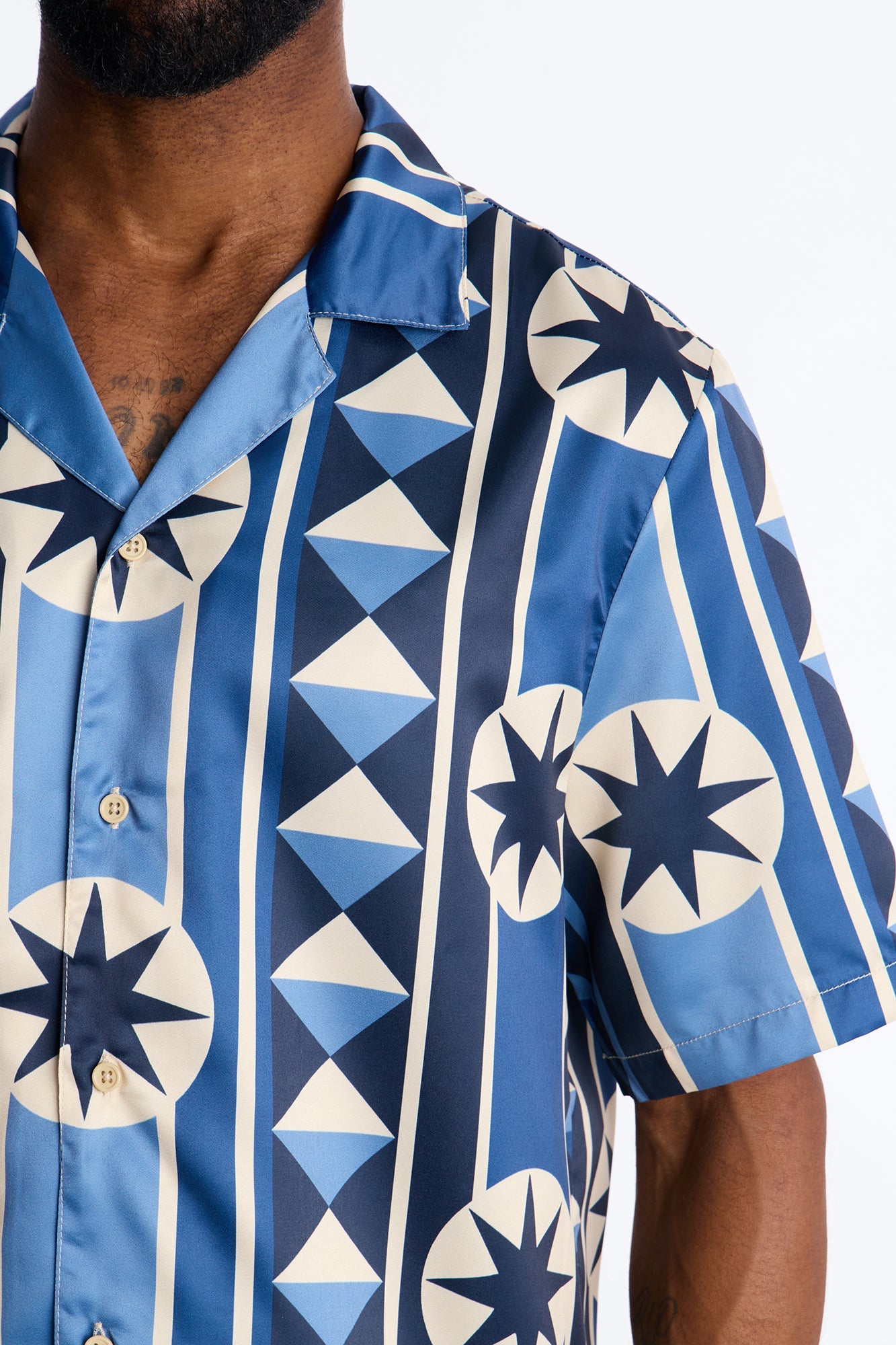 Toscana Geo Cuban Collar Shirt - Blue