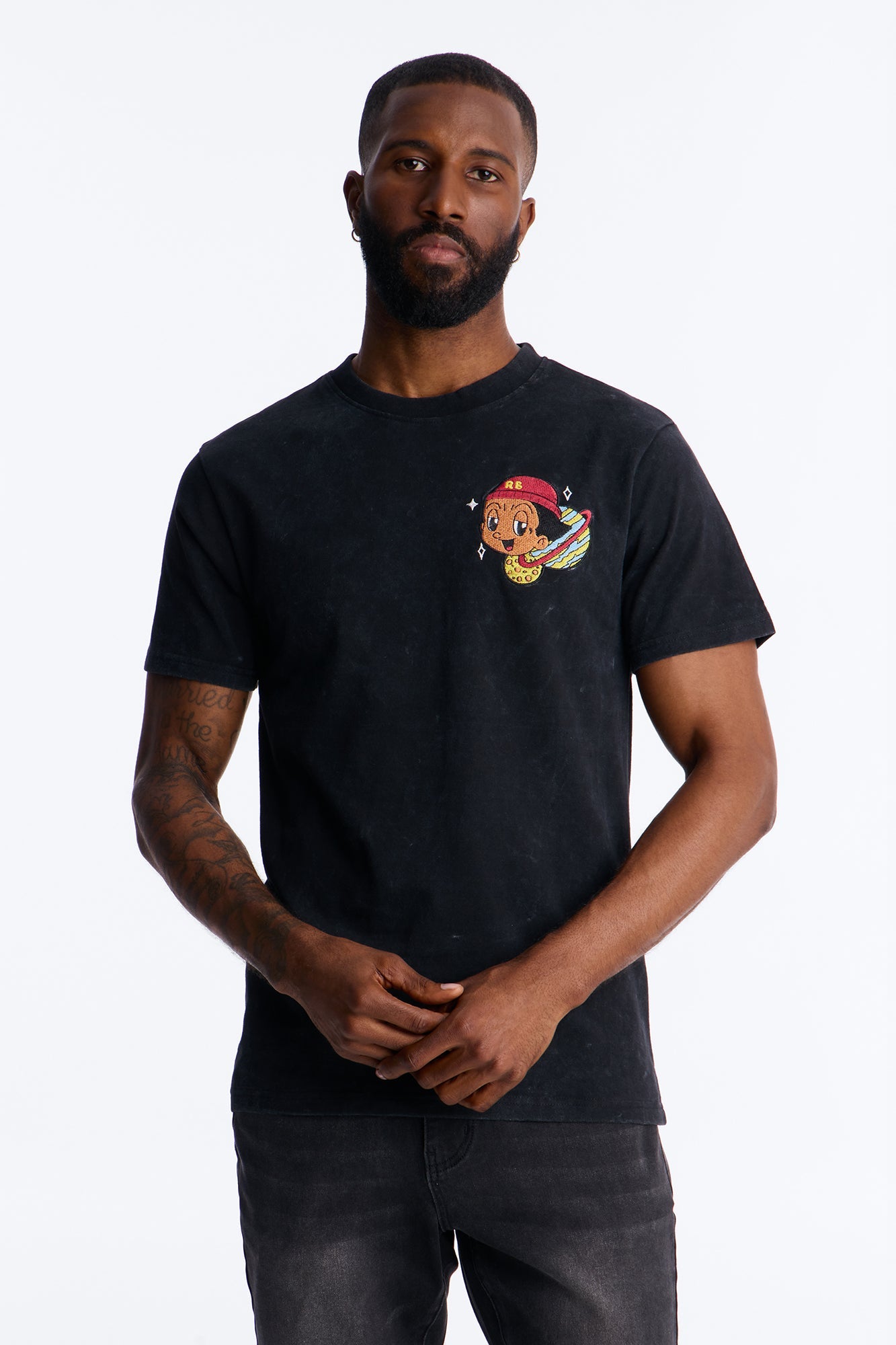 Cosmic Boy Still Gonna Shine Embroidery Vintage Short Sleeve Tee - Black Wash