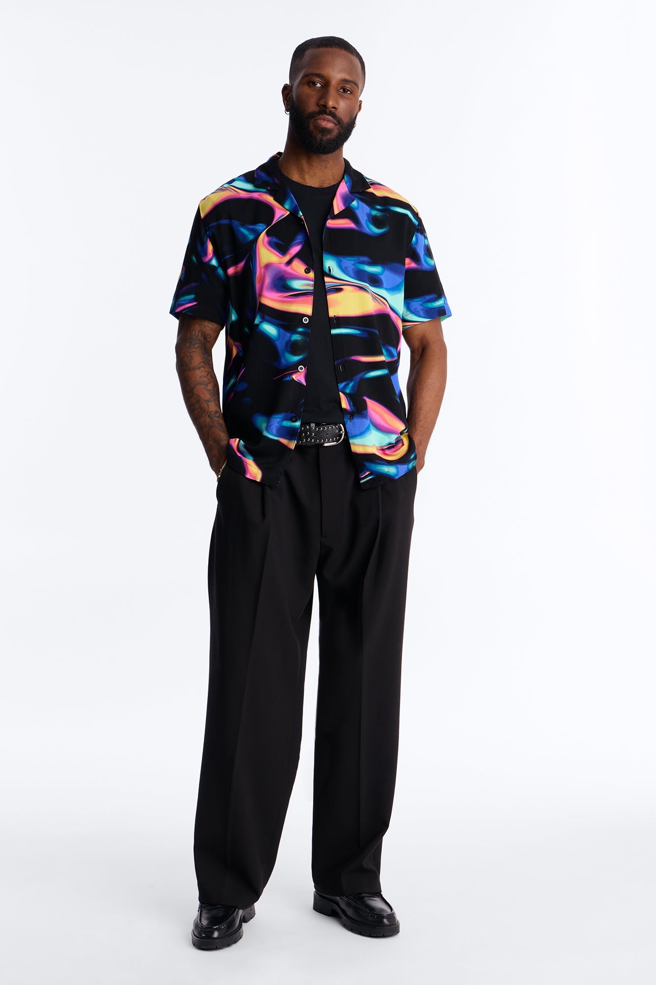 Retro Vibe Cuban Collar Button Up Shirt - Blue/combo