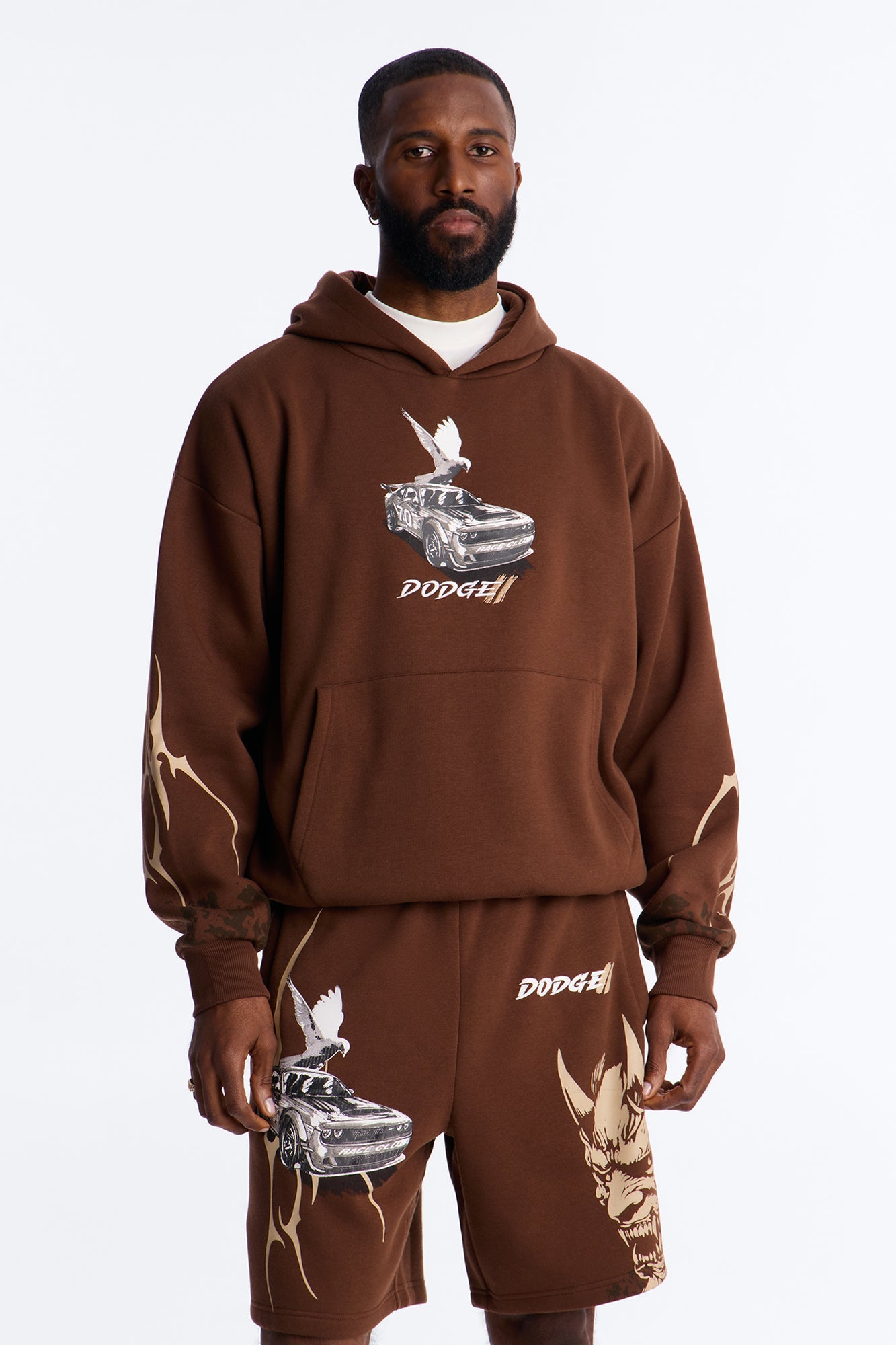 Dodge Demon Oni Mask Oversized Hoodie - Brown
