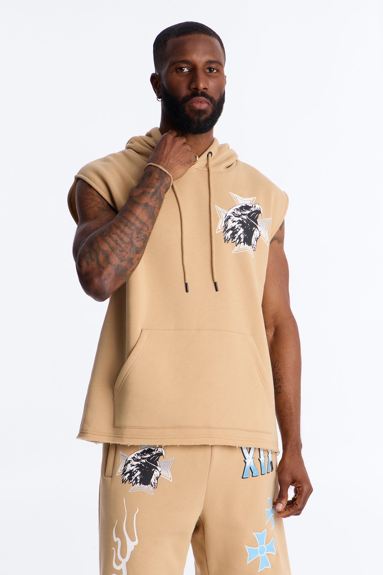 Fly Eagles Sleeveless Hoodie - Khaki
