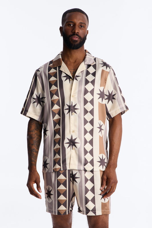 Toscana Geo Cuban Collar Shirt - Tan
