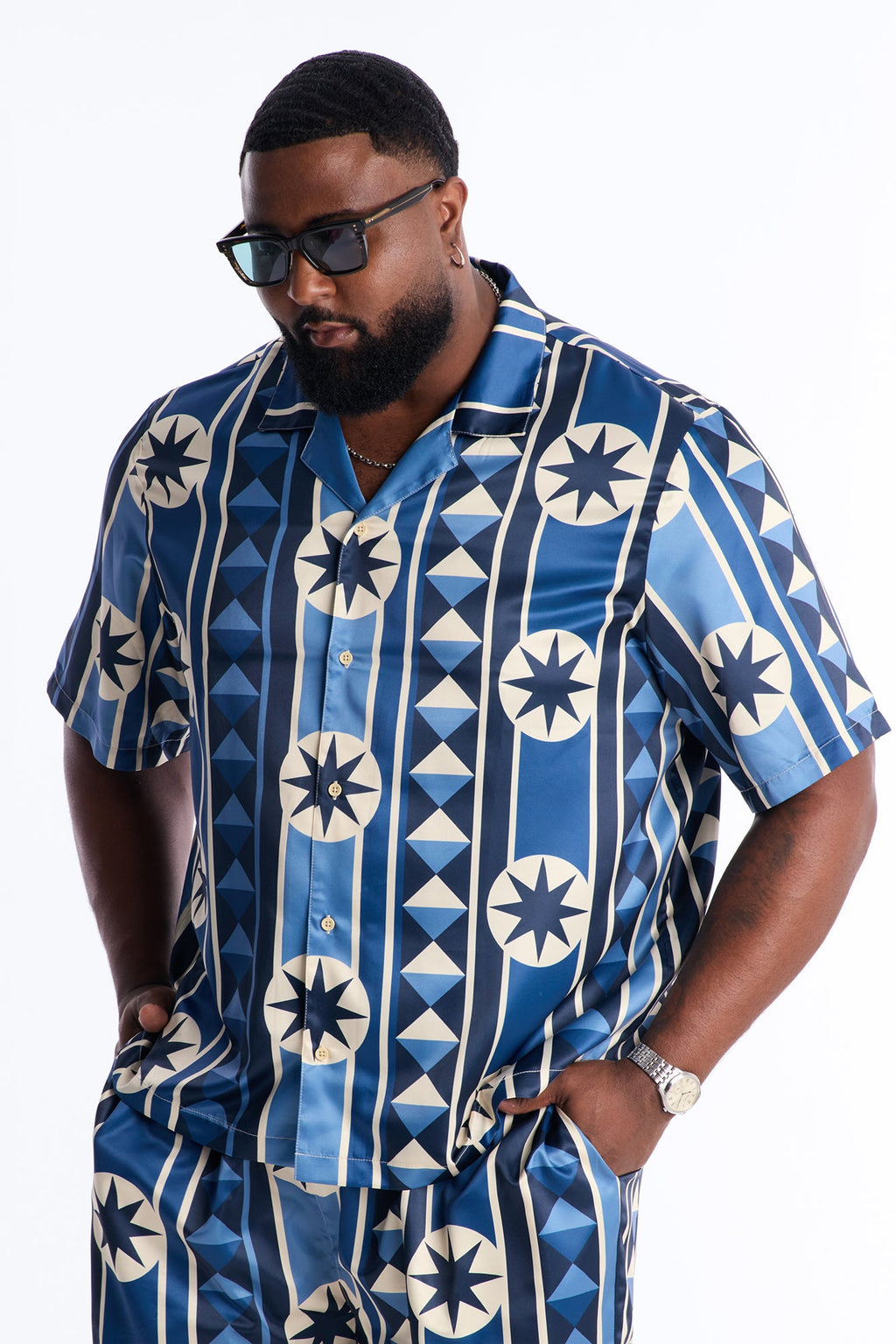 Toscana Geo Cuban Collar Shirt - Blue