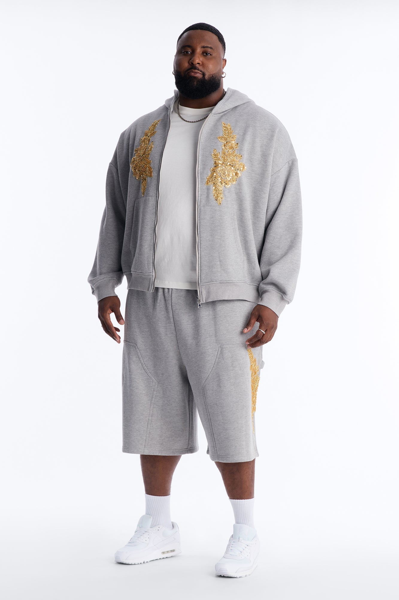Oversized Rogue Sequin Applique Zip Up Hoodie - Grey