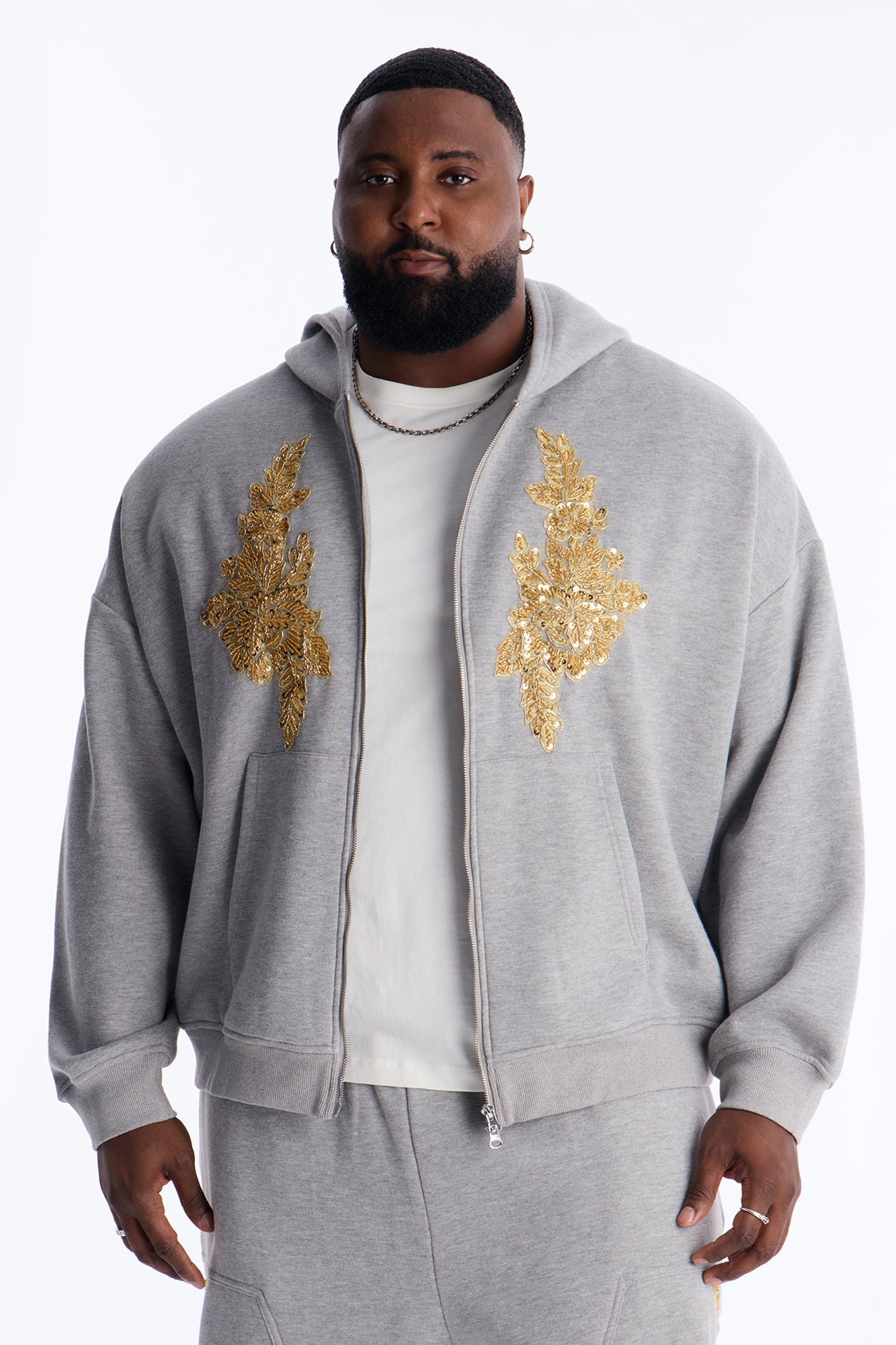 Oversized Rogue Sequin Applique Zip Up Hoodie - Grey