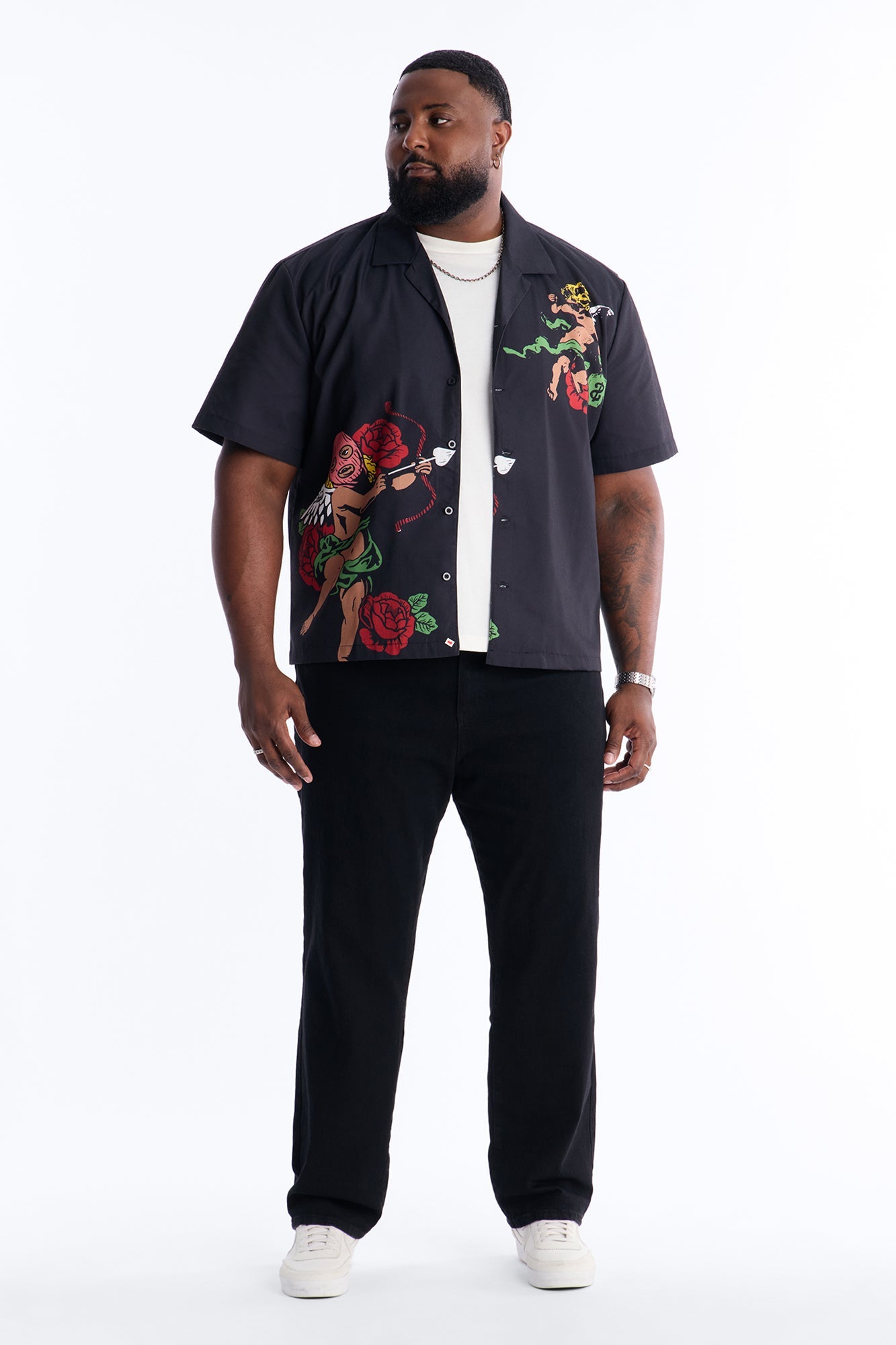 Rose Angel Street Cuban Collar Shirt - Black