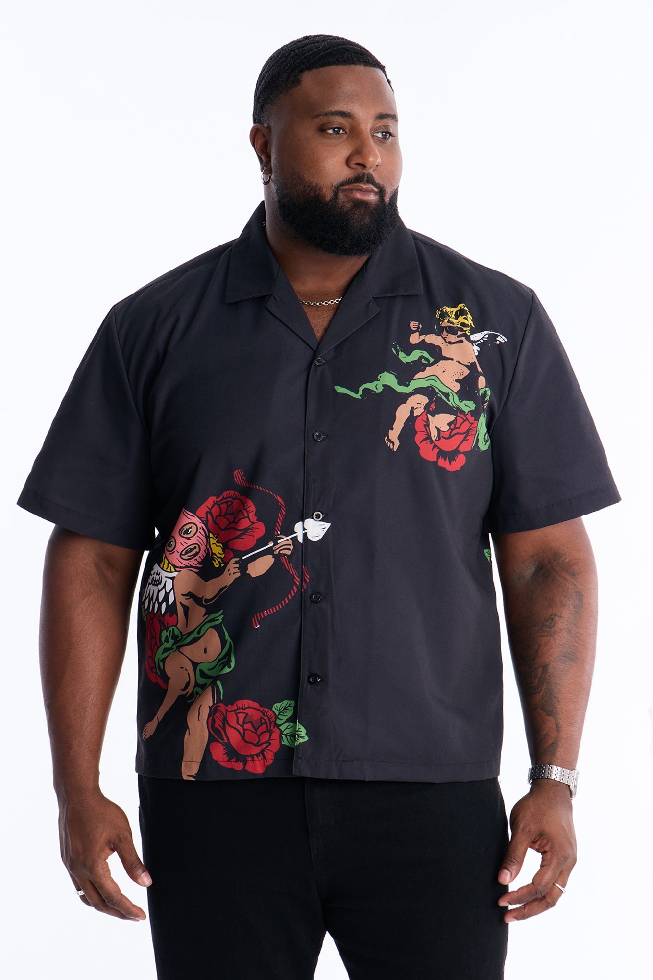 Rose Angel Street Cuban Collar Shirt - Black