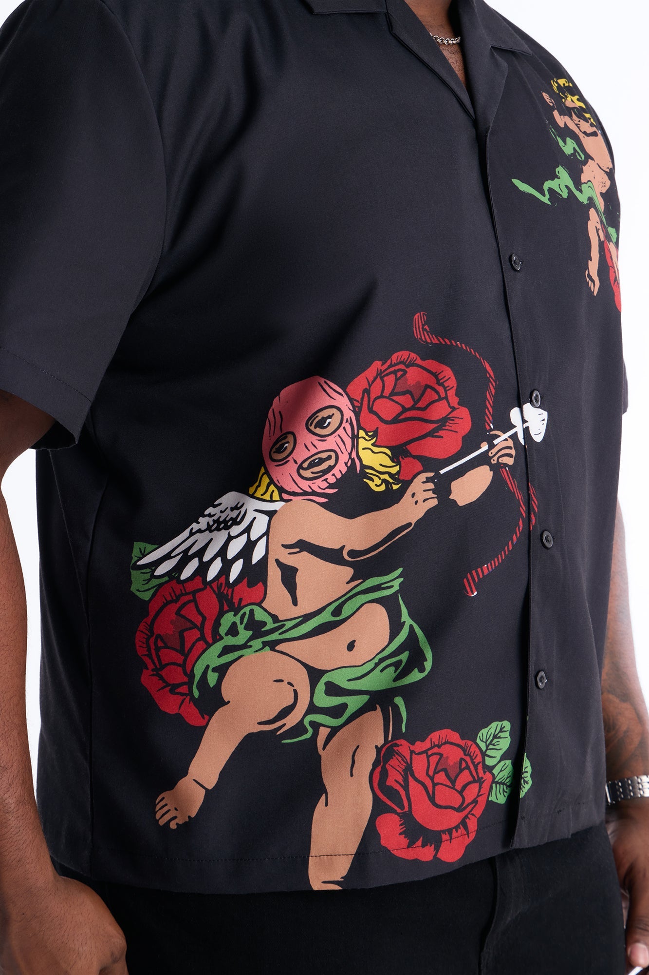 Rose Angel Street Cuban Collar Shirt - Black