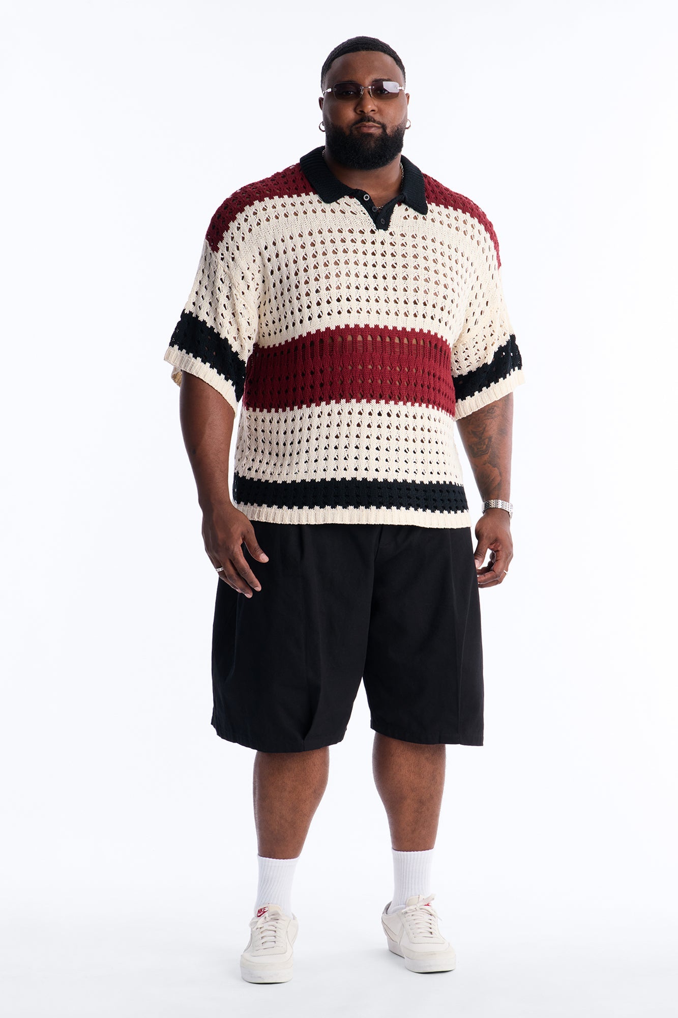 Weathered Stripe Knitted Polo - Burgundy