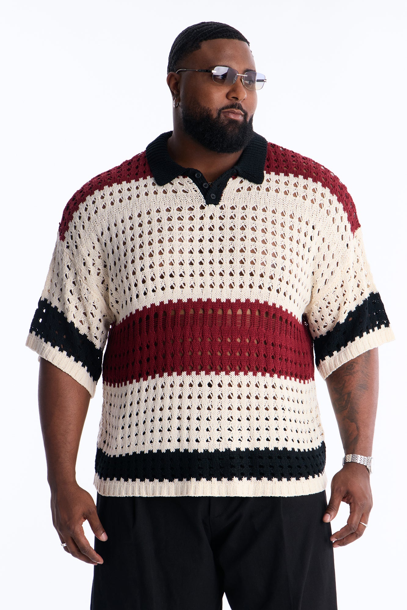 Weathered Stripe Knitted Polo - Burgundy