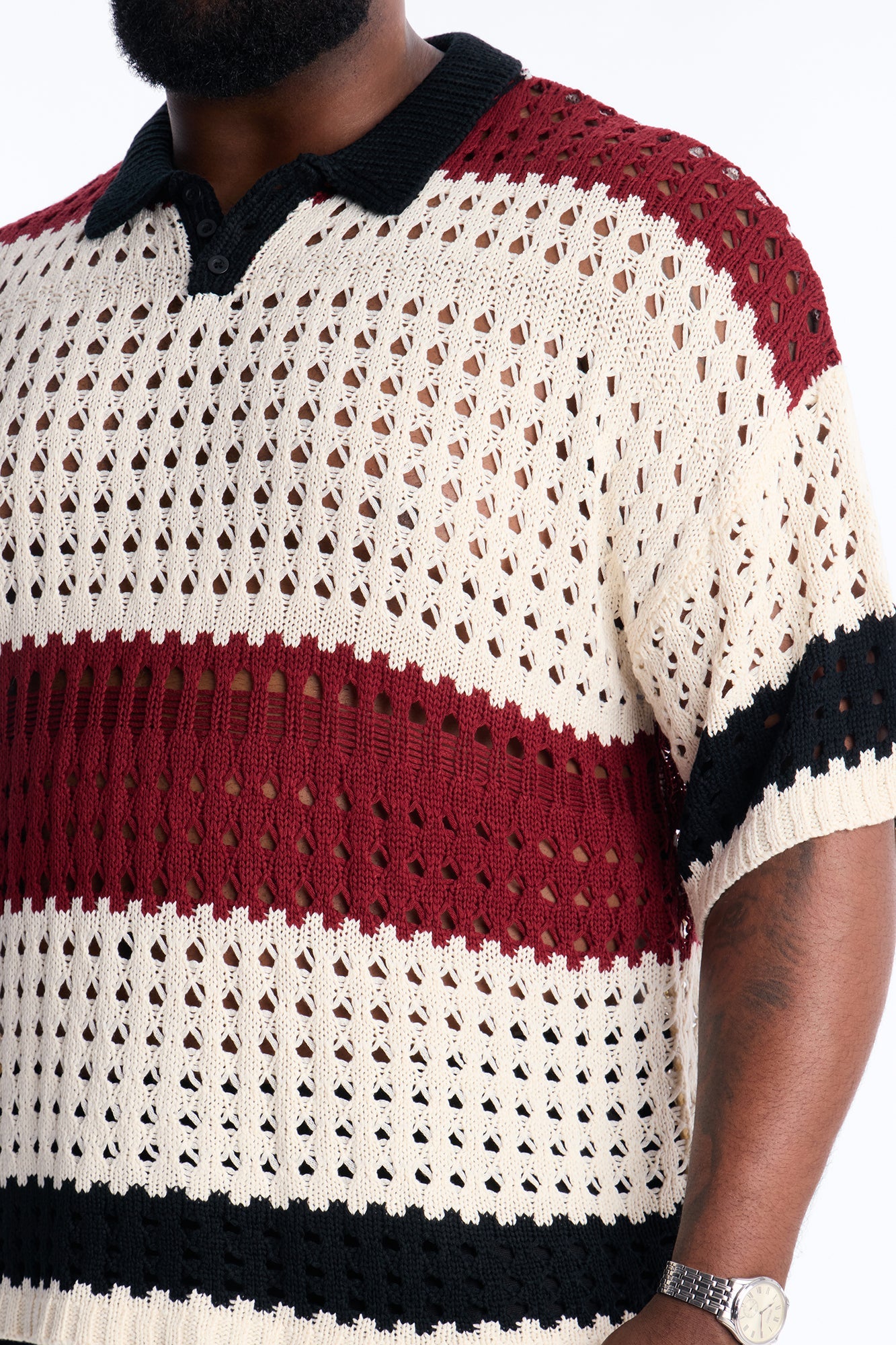 Weathered Stripe Knitted Polo - Burgundy