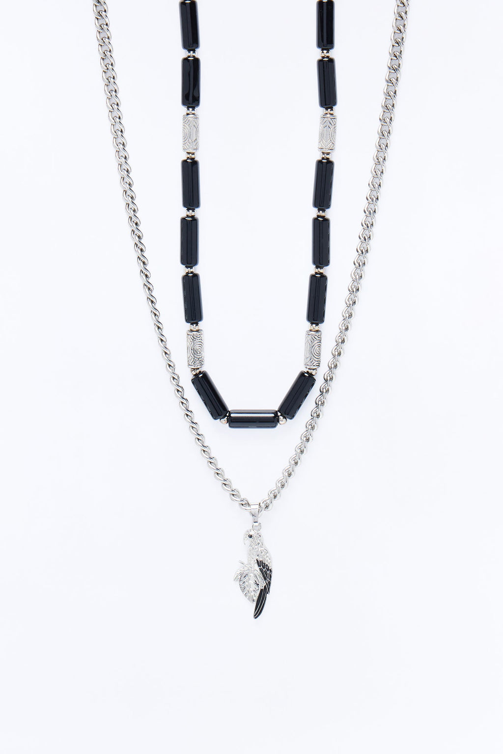 Layered Cuban Parrot And Beaded Necklace Set - Silver/Black
