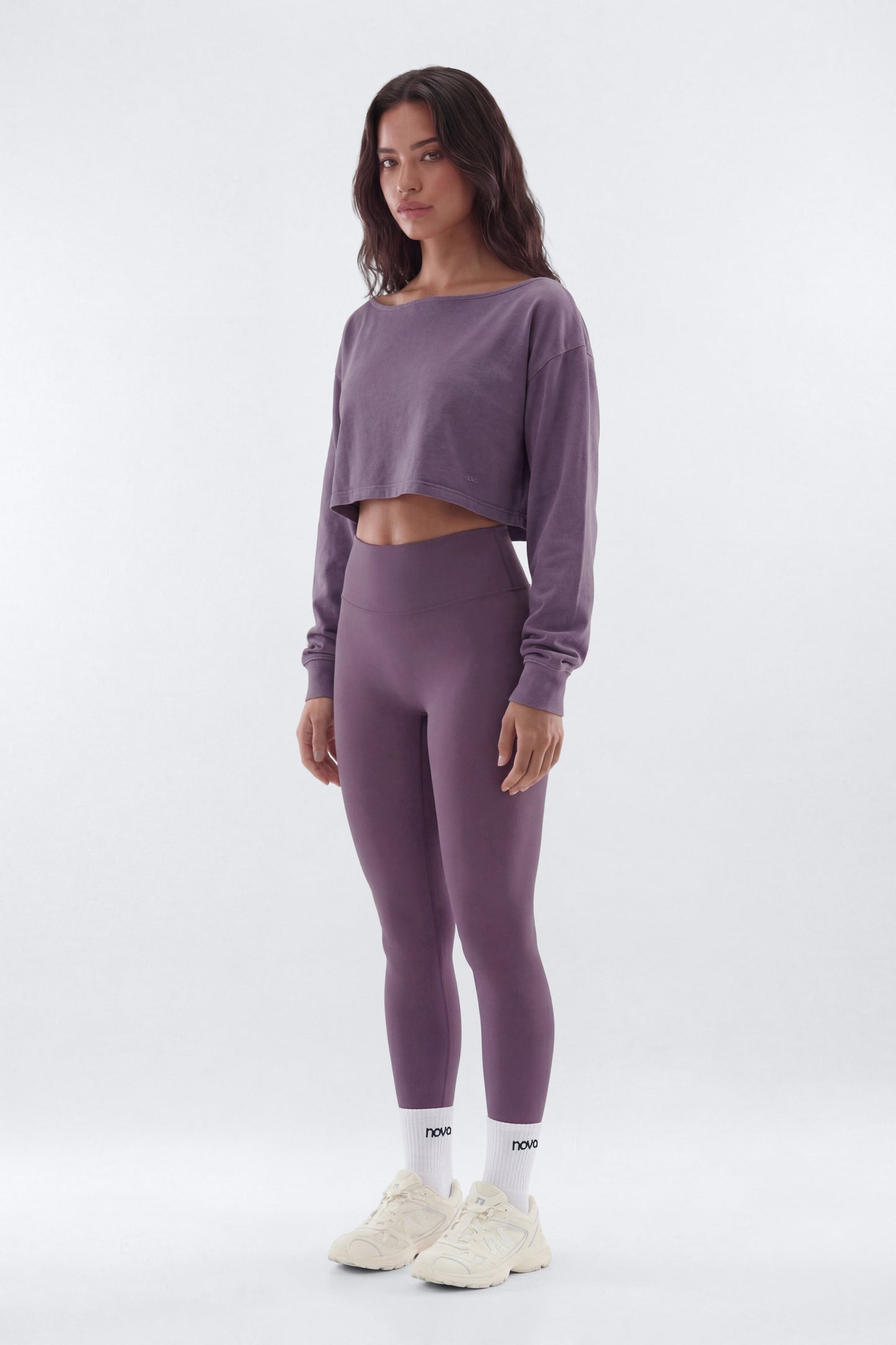 Cotton Jersey Off Shoulder Long Sleeve Crop Top - Iris