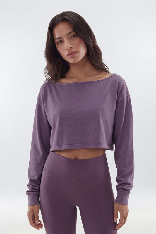 Cotton Jersey Off Shoulder Long Sleeve Crop Top - Iris