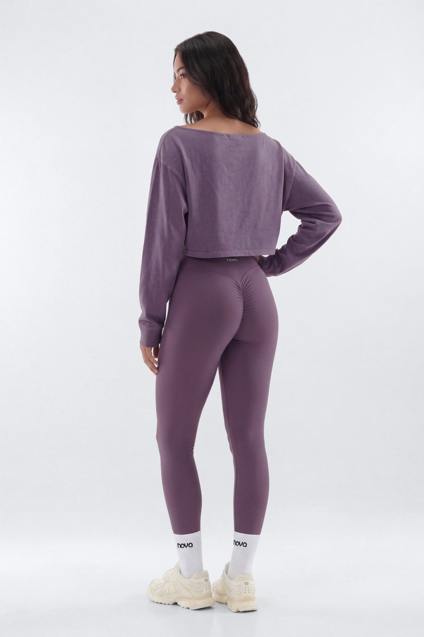 Cotton Jersey Off Shoulder Long Sleeve Crop Top - Iris