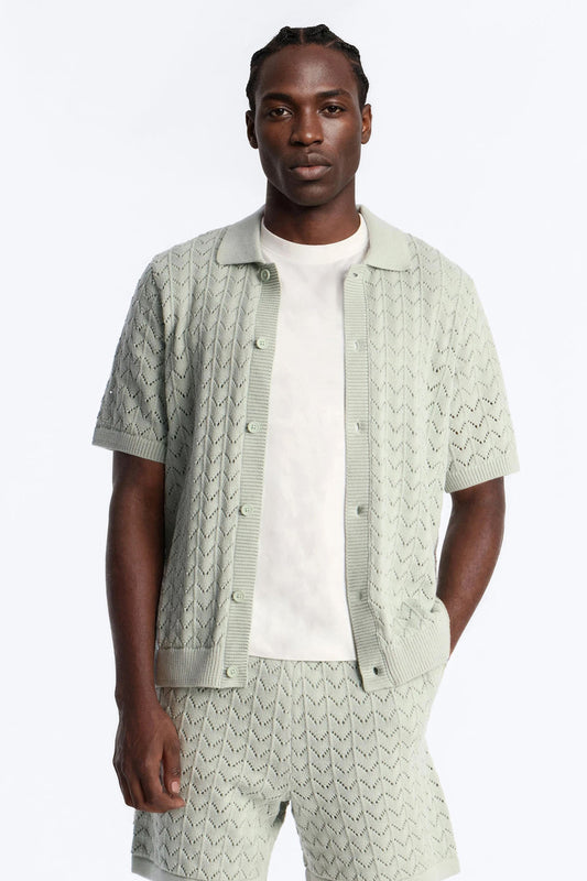 Waterfall Texture Open Knit Shirt - Sage