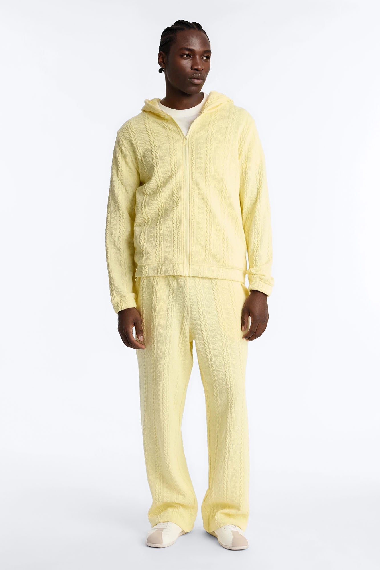 Textured Cozy Braided Hooded Jacket - Butter Yellow