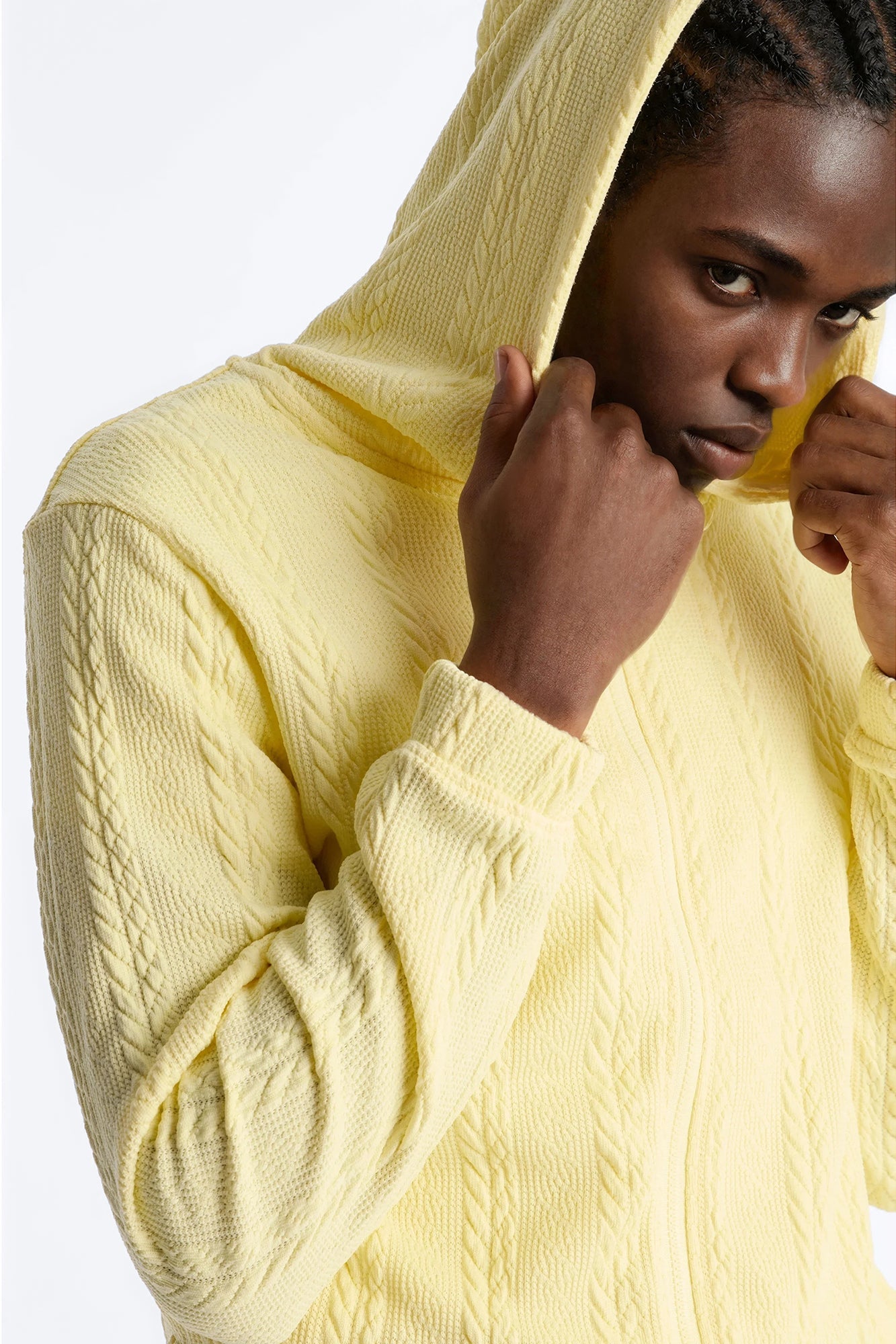 Textured Cozy Braided Hooded Jacket - Butter Yellow