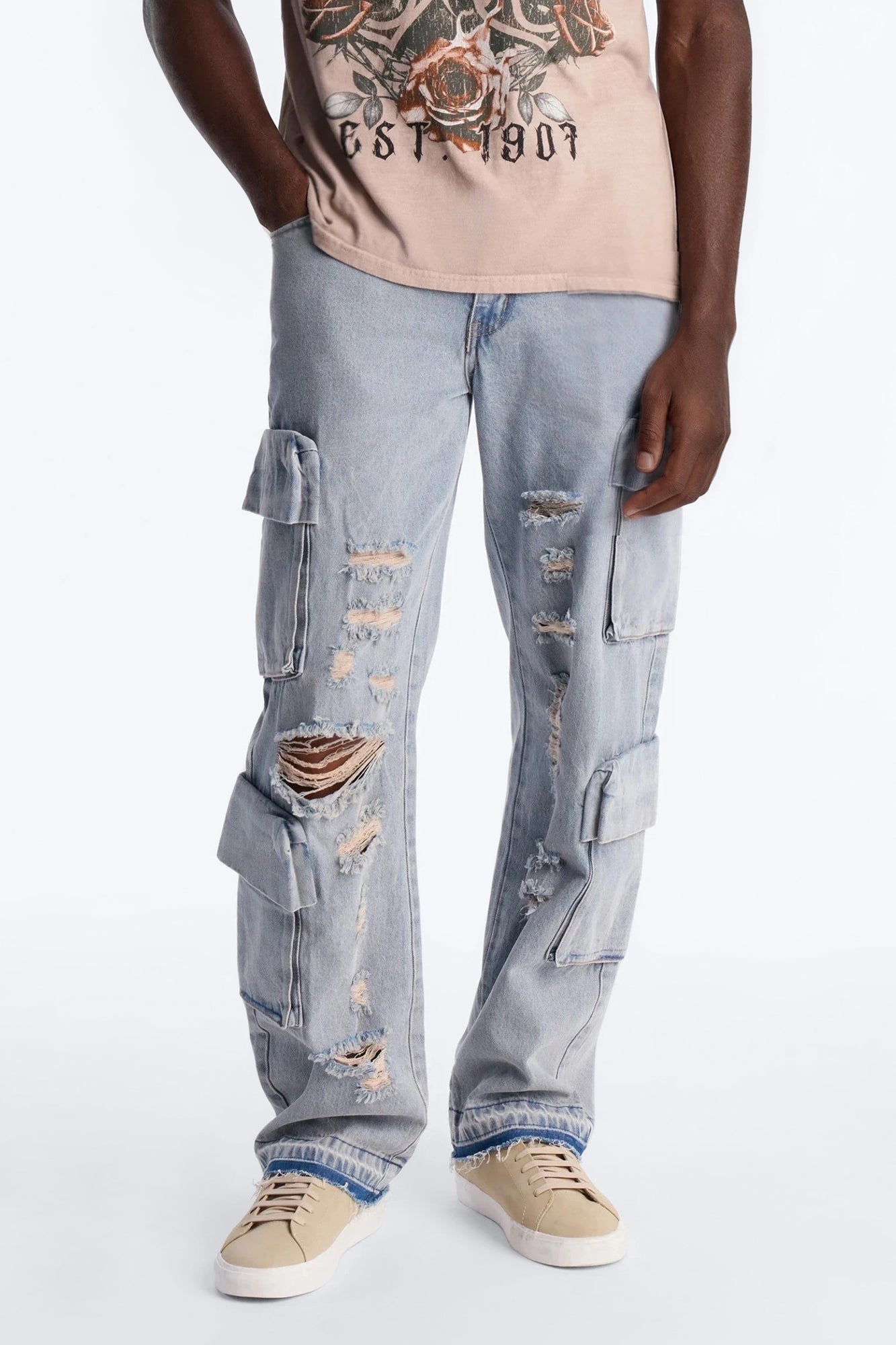 Straight Fractured Cargo Jean - Light Wash