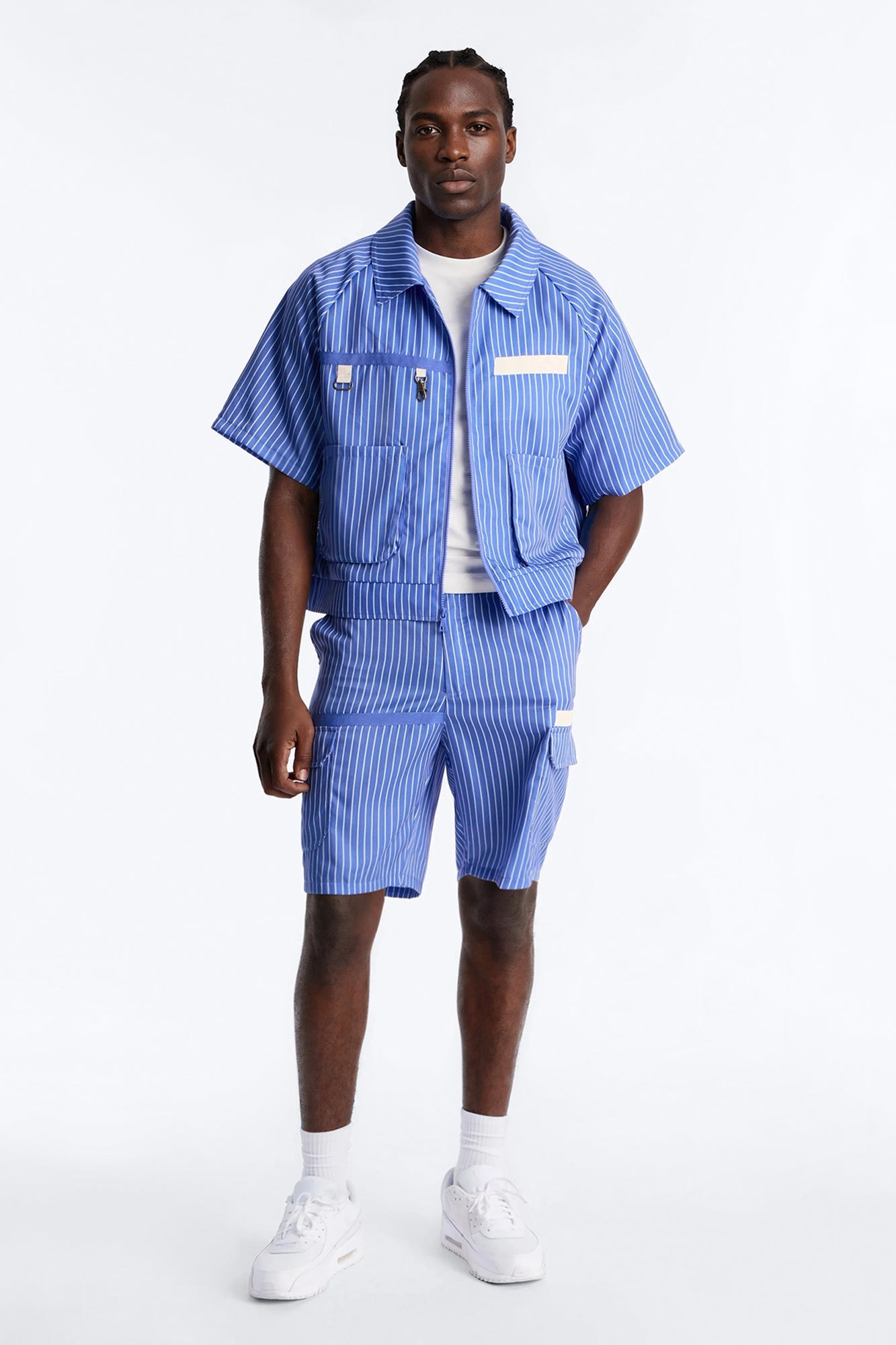 Boxy Cropped Desert Dunes Striped Button Up Shirt - Blue