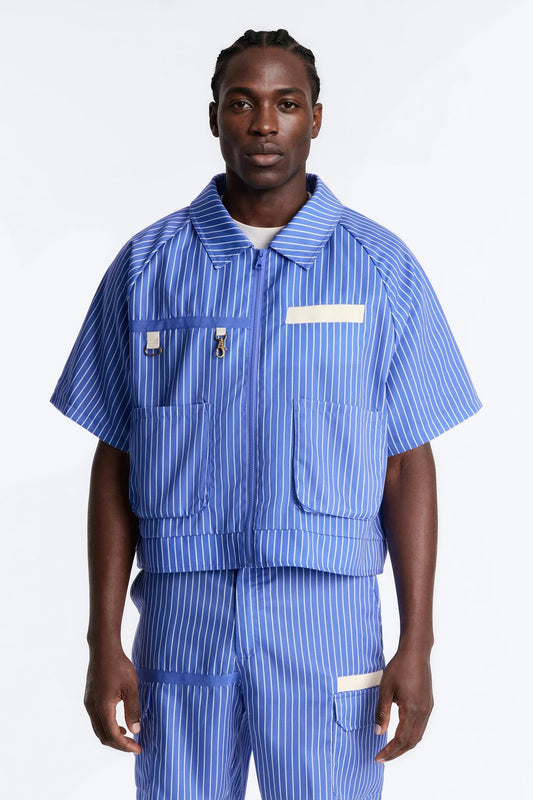 Boxy Cropped Desert Dunes Striped Button Up Shirt - Blue