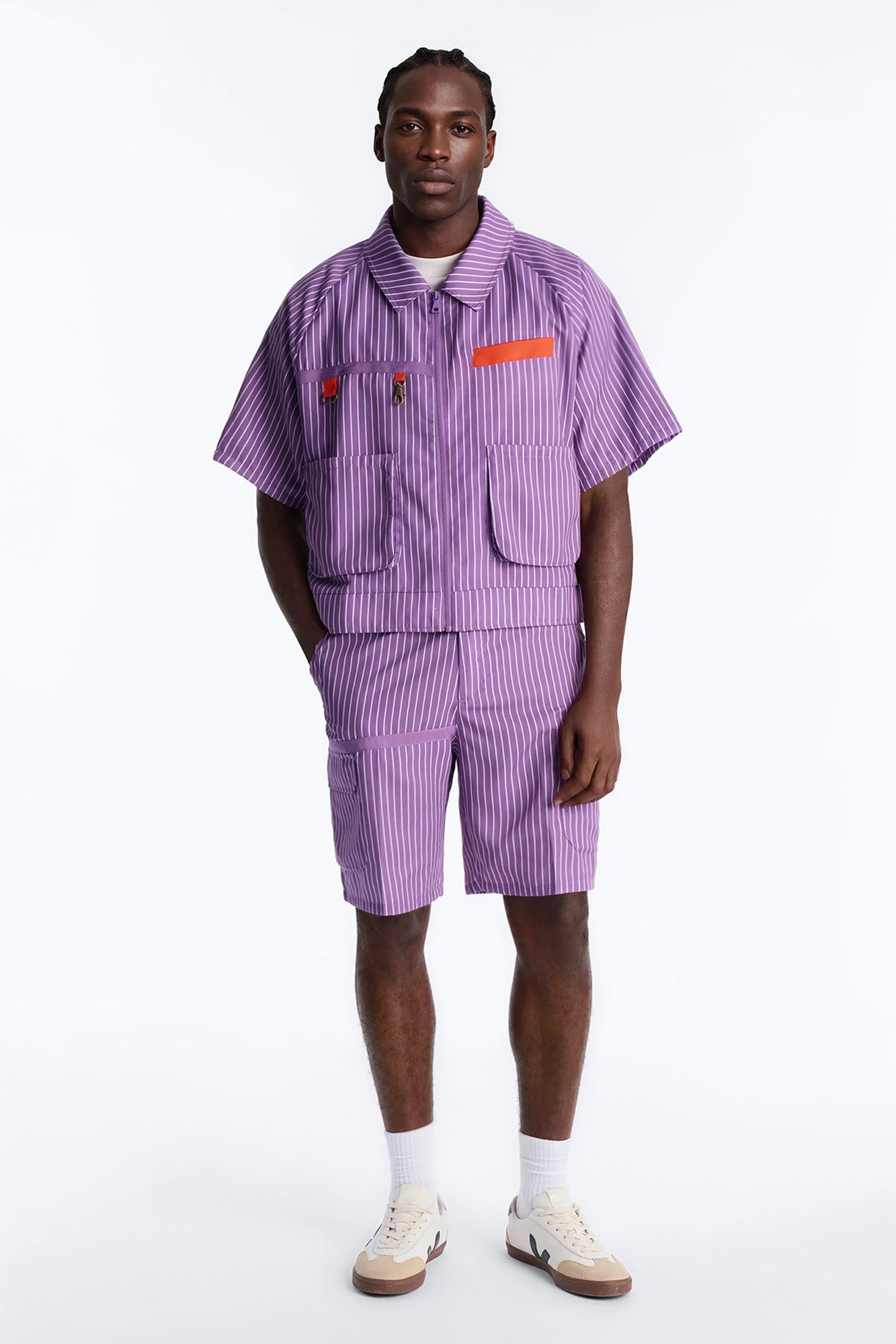 Boxy Cropped Desert Dunes Striped Button Up Shirt - Purple