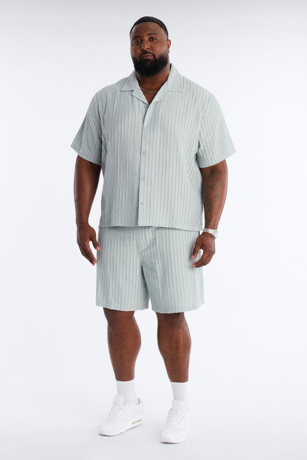 Relaxed Aegean Pleat Cuban Collar Button Up - Sage