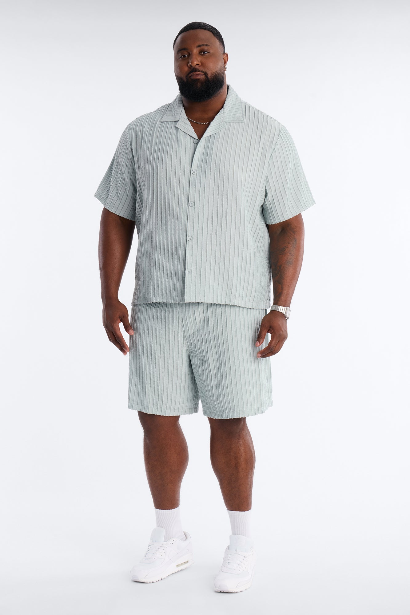 Relaxed Aegean Pleat Cuban Collar Button Up - Sage