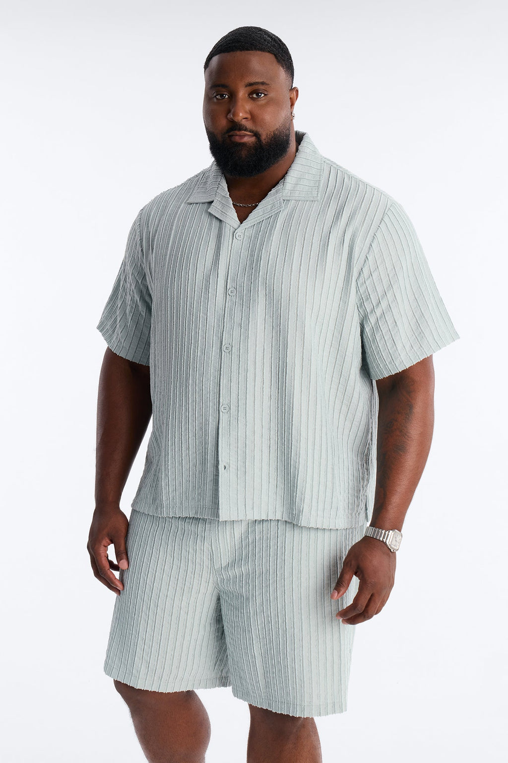 Relaxed Aegean Pleat Cuban Collar Button Up - Sage