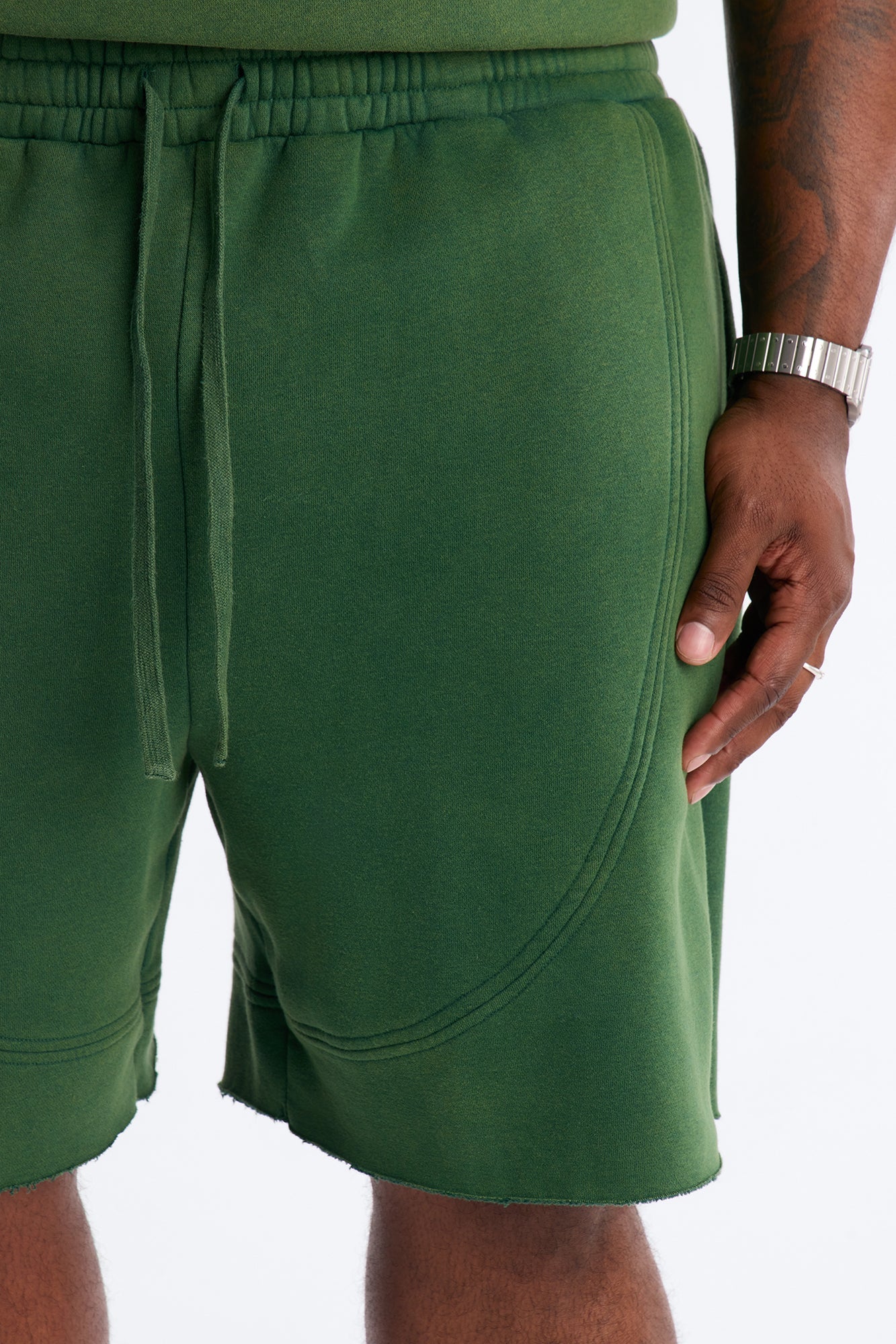 Washed Raw Edge Baggy Sweatshort - Green