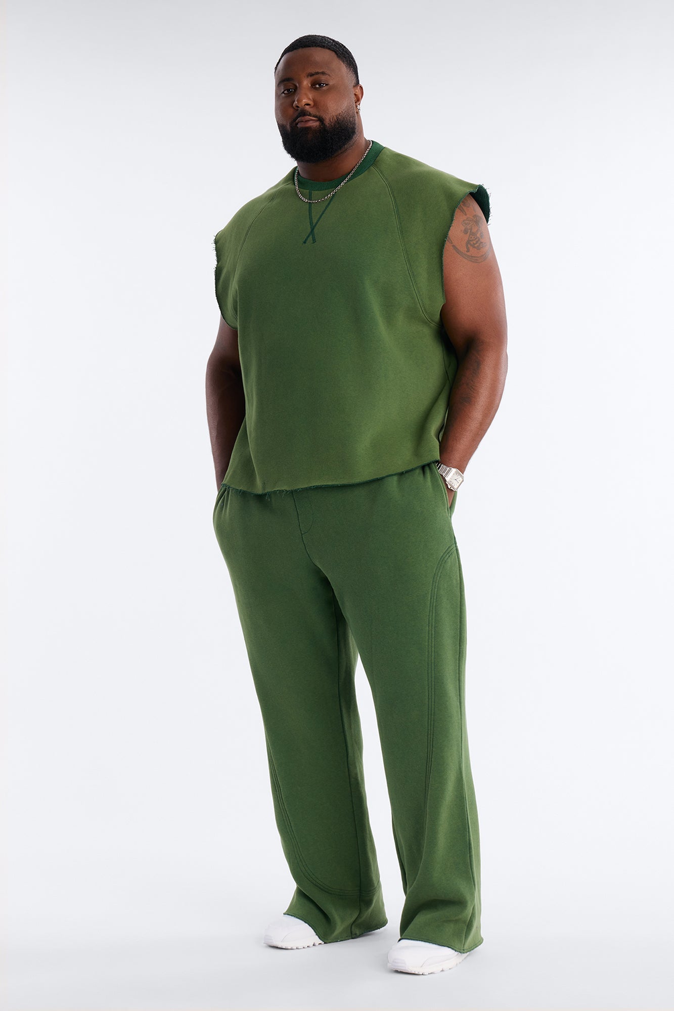 Washed Raw Edge Flare Sweatpant - Green